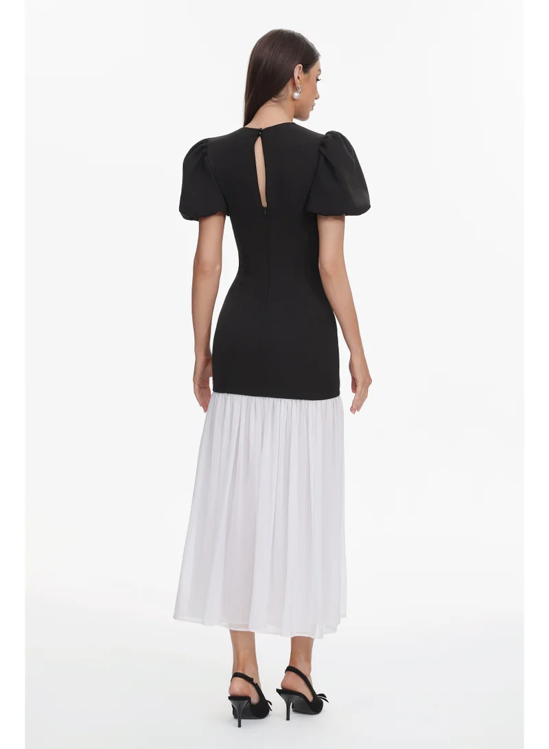 Bella Barnett  Spiral Classic Tailored Puff Sleeve Pleated Contrast Maxi Dress for Women | Best Price UAE